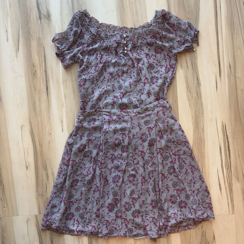 Peasant Prairie Cottage Core‎ Set Smocked Shirt Pleated Skirt Sz L Dainty Floral